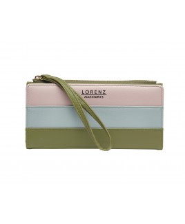Lorenz Contrast PU Long Purse Wallet with Top Zip & Wrist Strap